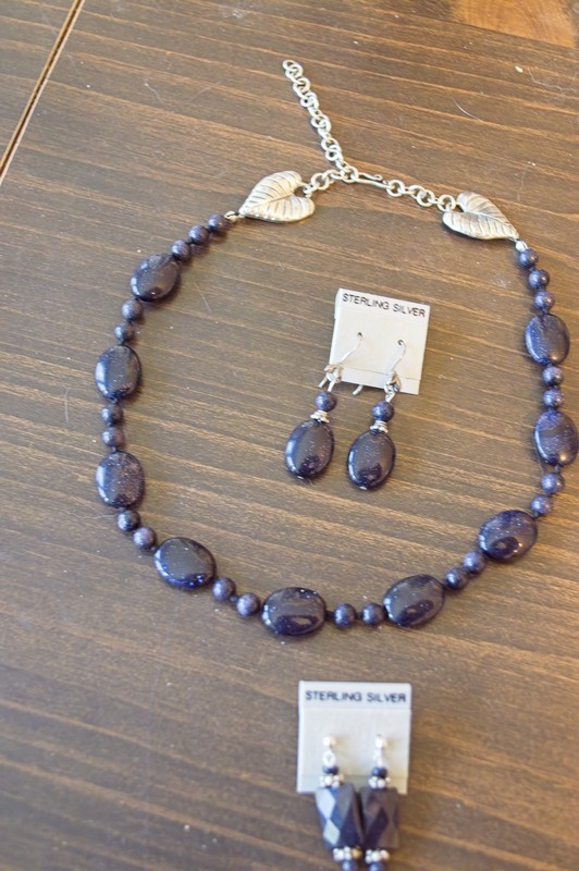 picture of adjustable choker made of oval and round blue goldstone beads and sterling silver with matching earrings